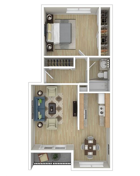 Floor plan for 1 bed, 1 bath, 700 sqft